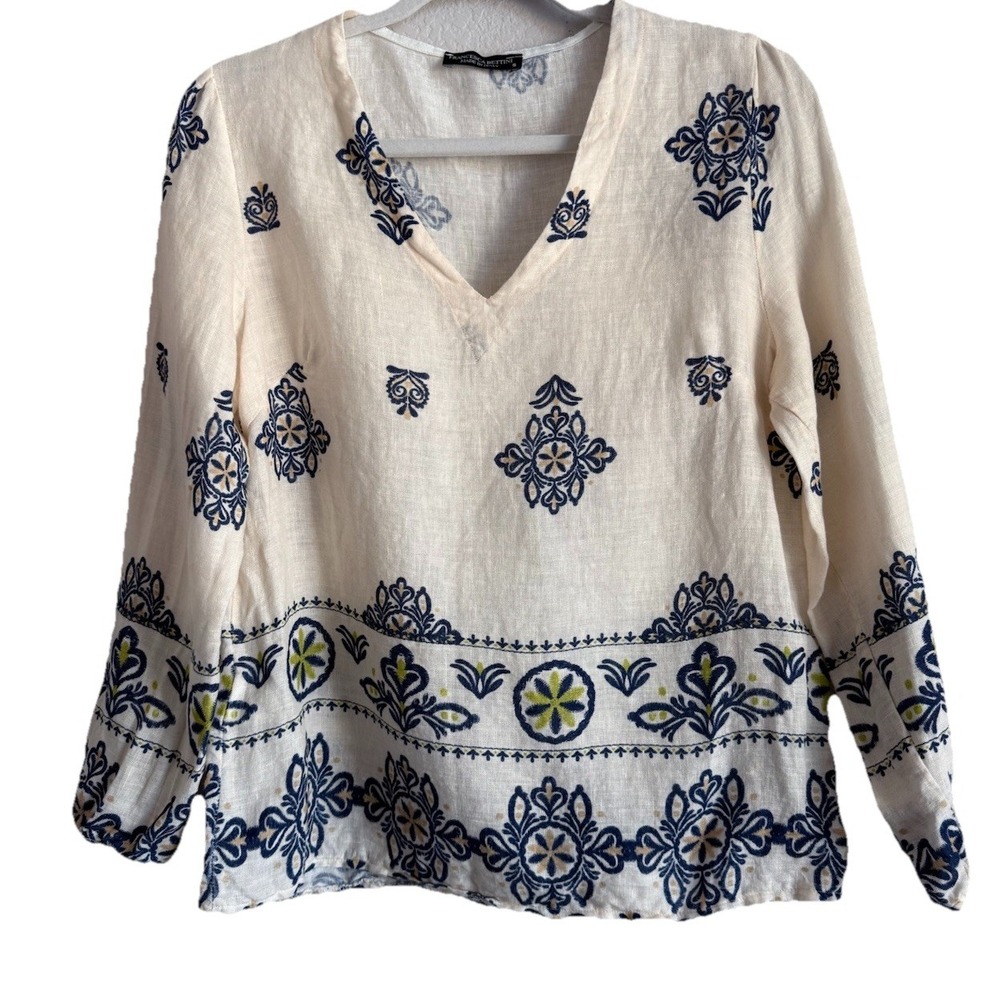 Francesca Bettini 100% Linen Blouse Shirt Women's Small Ivory Blue Floral Casual
